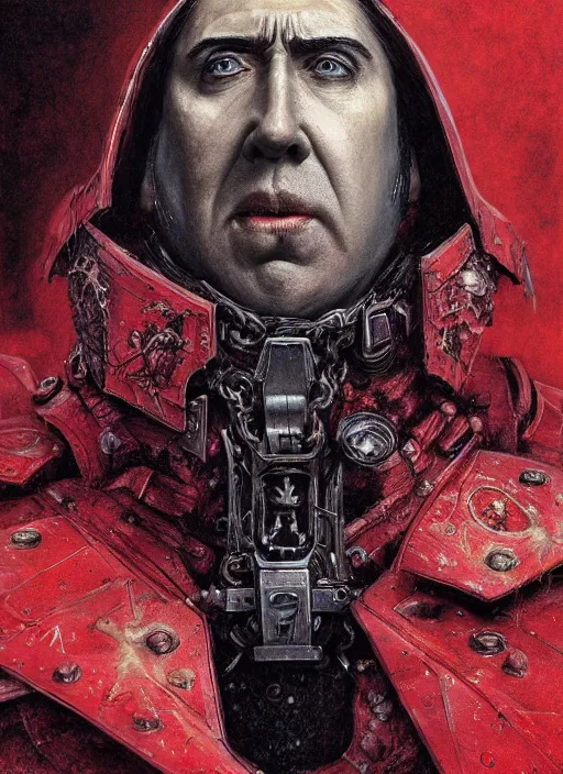 Image similar to portrait of rotten Nicolas Cage as adeptus mechanicus in red hood and robe from Warhammer 40000. Highly detailed, artstation, illustration by and John Blanche and zdislav beksinski and wayne barlowe