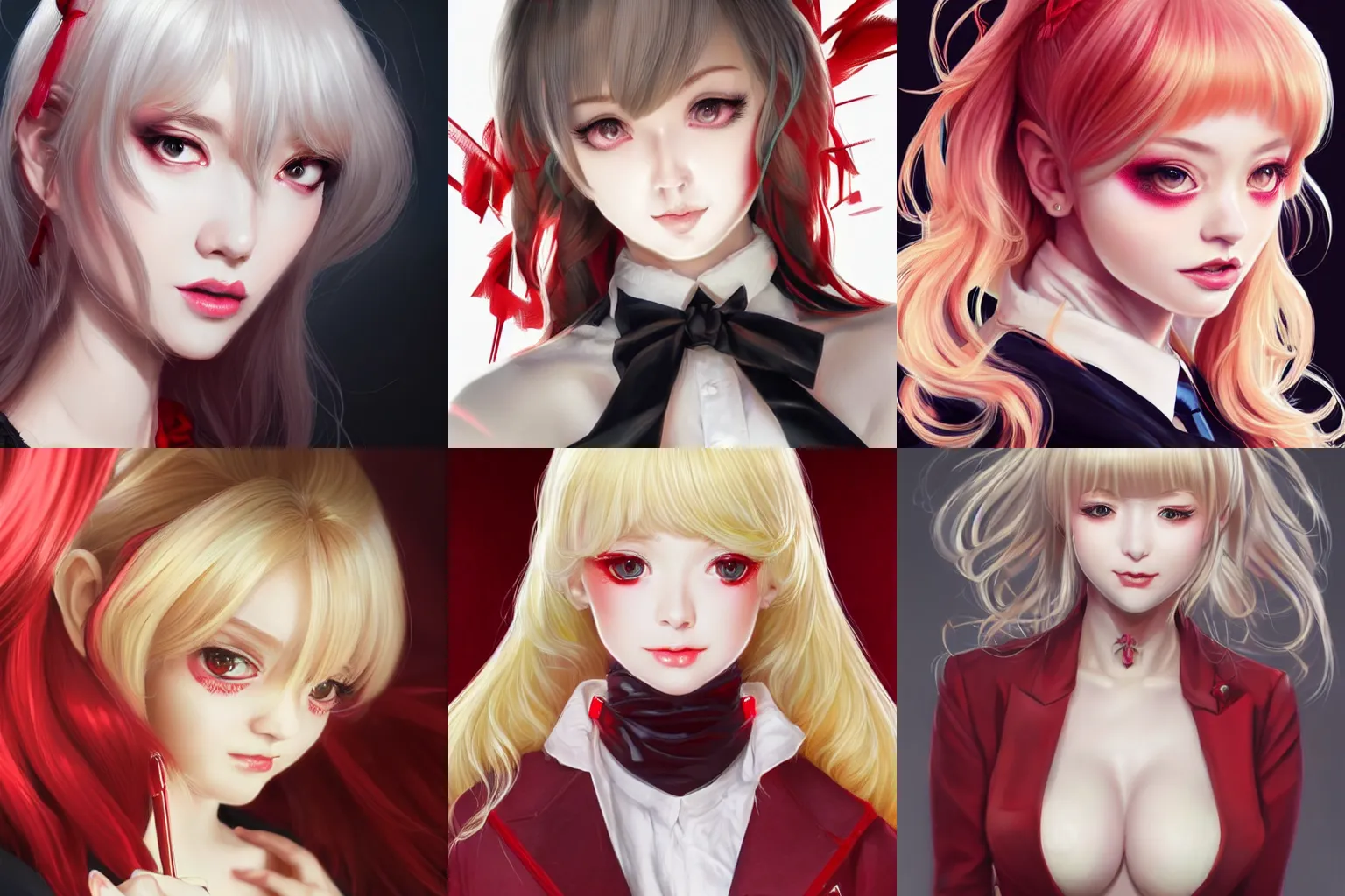 Prompt: portrait of a beautiful cute blonde jabami yumeko from kakegurui with big red eyes, fantasy, intricate, insanely detailed, 8k, elegant, highly detailed, digital painting, artstation, concept art, smooth, sharp focus, illustration, art by artgerm and greg rutkowski and rossdraws