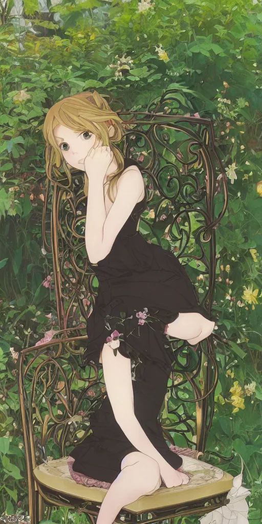 Prompt: a loli with long hair in a black dress sitting on a metal garden chair in the privet garden at afternoon, green and warm theme, back lighting, highly detailed, by krenz cushart and mucha and akihito yoshida and greg rutkowski and makoto shinkai and studio ghibli, detailed eyes, 4 k resolution, trending on art station