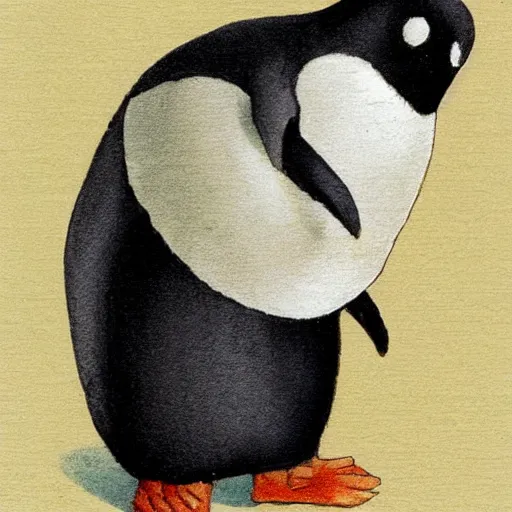 Prompt: a cute penguin holding a briefcase, photorealistic storybook illustration, Beatrix Potter