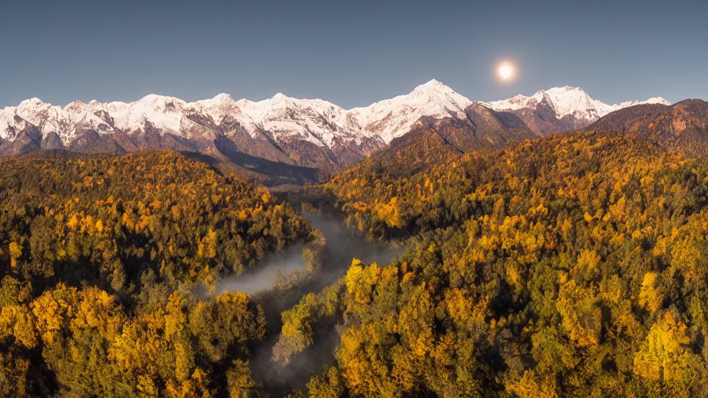 Prompt: Panoramic photo where the mountains are towering over the valley below their peaks shrouded in mist. The moon is just peeking over the horizon and the sky is covered with stars and clouds. The river is winding its way through the valley and the trees are starting to turn yellow and red