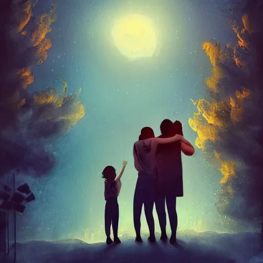 Prompt: a family hugging each other for the last time as the world is ending, meteors are falling from the sky, everything is on fire, dramatic lighting, digital art, very very very very very very beautiful, 8 k, dark lighting, trending on artstation, award winning