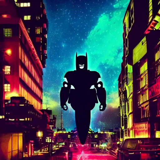 Image similar to huge robot batman on a city in midnight, glow wave