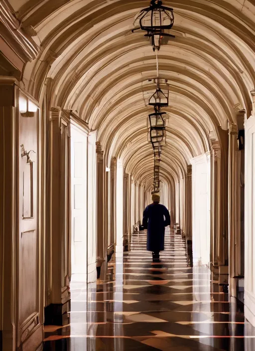 Image similar to a photograph of a symmetrical hallway in the grand budapest hotel, 3 5 mm, film camera, dezeen, architecture
