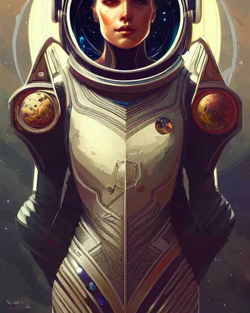 Prompt: Powerful medieval astronaut portrait, art nouveau, fantasy, intricate galactic designs, elegant, highly detailed, sharp focus, art by Artgerm and Greg Rutkowski and WLOP