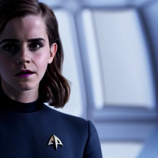 Image similar to Emma Watson in Star Trek, XF IQ4, f/1.4, ISO 200, 1/160s, 8K, Sense of Depth, color and contrast corrected, edited, Dolby Vision, symmetrical balance, in-frame