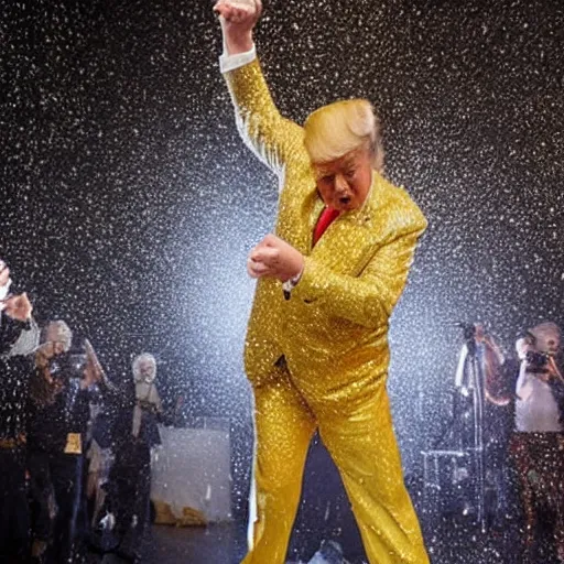 Prompt: Donald Trump dancing in a golden shower while golden rain falls