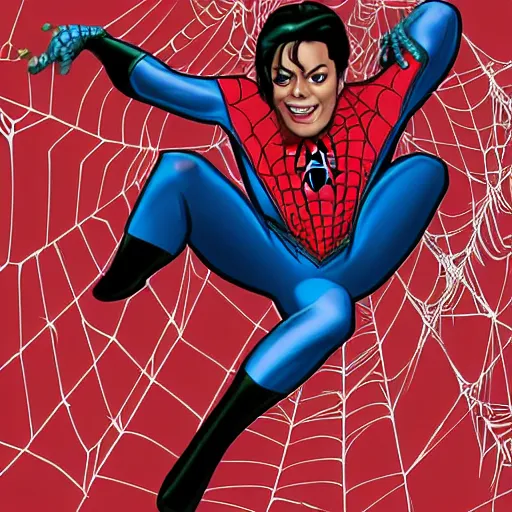 Prompt: Micheal Jackson playing spider man swinging with webs