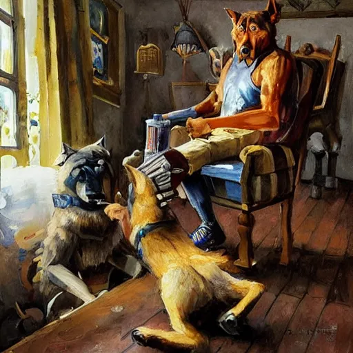 Image similar to a humanoid german shepherd beast - man, sitting and watching a soccer match in his house on television, he has hurt his knee and is a dad, by erin hanson, alexi zaitsev, karl spitzweg, award winning, tv set