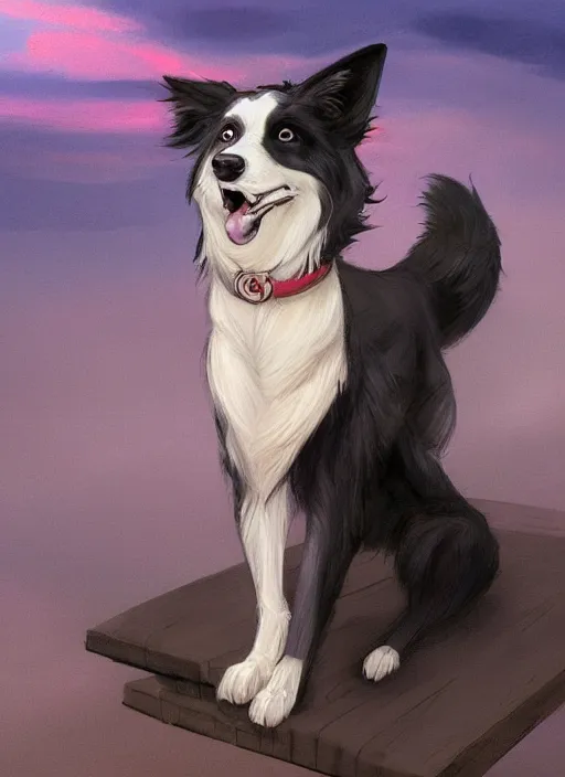 Image similar to wide angle beautiful full body portrait of a strong male anthropomorphic anthro border collie fursona in an evening gown on a pier on a lake at night, character design by charlie bowater, henry asencio, and ross tran, disney, detailed, aesthetic, trending on artstation, furaffinity, deviantart