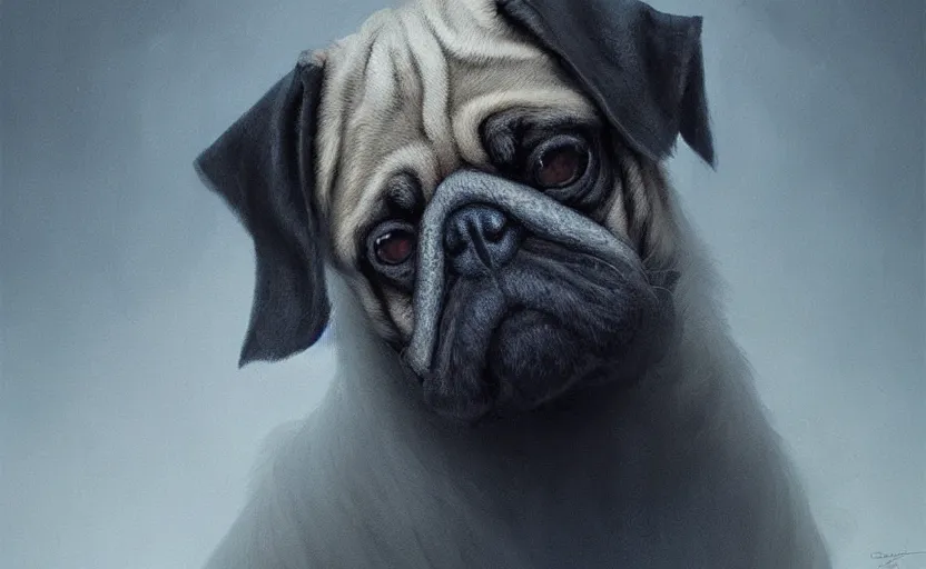 Prompt: the grim reaper with a pug dog face, soft grey and blue natural light, intricate, digital painting, artstation, concept art, smooth, sharp focus, illustration, art by greg rutkowski and luis rollo and uang guangjian and gil elvgren, symmetry!