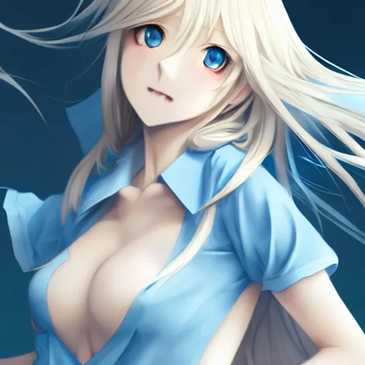 Image similar to a very beautiful anime cute girl, full body, long wavy blond hair, sky blue eyes, full round face, short smile, fancy top, miniskirt, front view, medium shot, mid-shot, highly detailed, cinematic wallpaper by Stanley Artgerm Lau