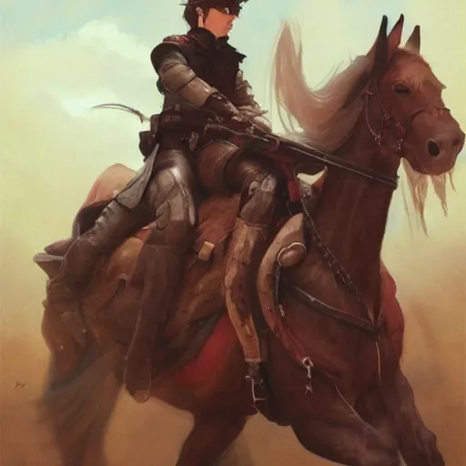 Image similar to a rider on the back of a horse, a storybook illustration by krenz cushart and phil hale, pixiv contest winner, fantasy art, official art, concept art, storybook illustration. detailed masterpiece. symmetrical face.