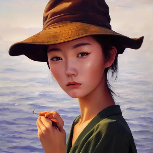 Image similar to oil painting by ilya kuvshinov,, baugh casey, craig mullins, coby whitmore, of a youthful japanese girl, long hair, fishing and wearing fisherman's outfit, fisherman's hat, highly detailed, breathtaking face, studio photography, noon, intense bounced light, water reflection, large tree casting shadow, serine intense sunlight