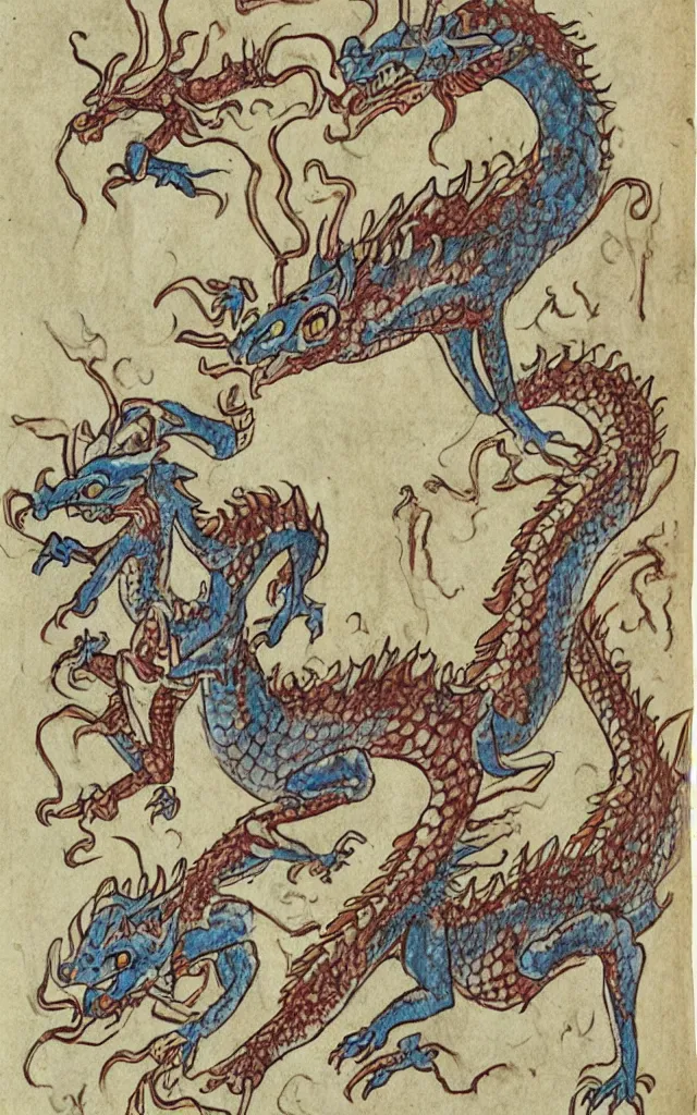 Image similar to a dragon with ten different human frail heads, marginalia manuscript