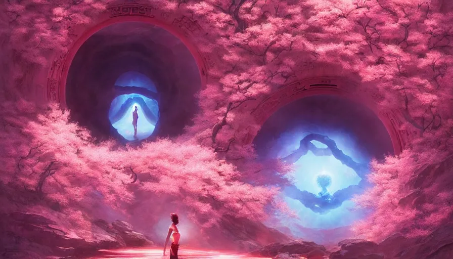 Image similar to a sakura portal appears out of nowhere in waimea canyon, inside the portal is a gateway to tao zhu yin yuan, otherworldly visuals, visually stunning, divine, scifi, by james jean, ruan jia, ilya kuvshinov, martine johanna, peter mohrbacher