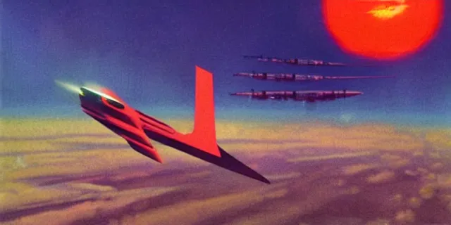 Image similar to ”retrofuturistic red spaceship flying low over the atmosphere of a green jungle planet down below with a yellow sun in the background, art by vincent di fate”