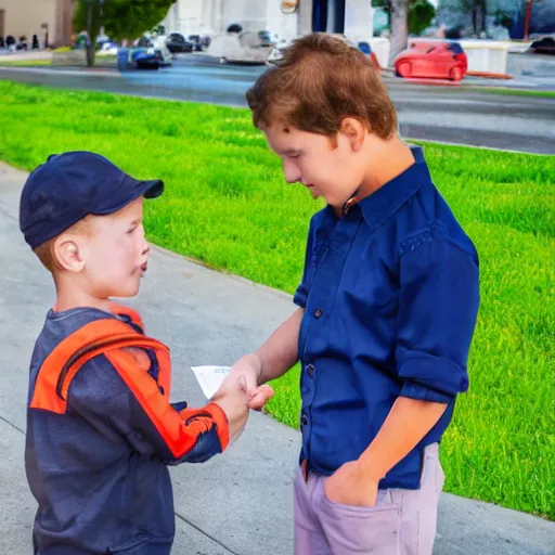 Image similar to a child exchanging a ticket for a coin from an adult, photorealistic