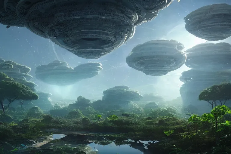 Image similar to highly advanced civilization living in hindu temple inspired space colonie, floating islands connected with roots, avatar like landscape, high - tech space cult with trees and plants and alien flowers, dramatic lighting, epic, octane render, volumetric light, unreal engine, artbreeder, 8 k, background, scene, digital, artwork, high quality, 8 k