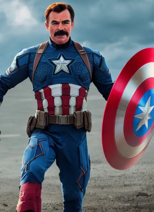 Prompt: film still of tom selleck as captain america in avengers endgame, 4 k