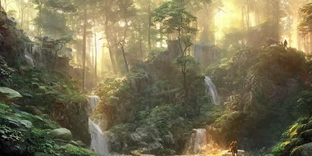 Image similar to a forest waterfall and cave at sunset, fantasy, magical lighting, Greg Rutkowski and Studio Ghibli and Ivan Shishkin