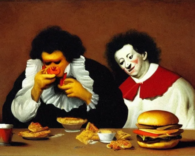 Image similar to ronald mcdonald eating a hamburger, painting by fransisco goya