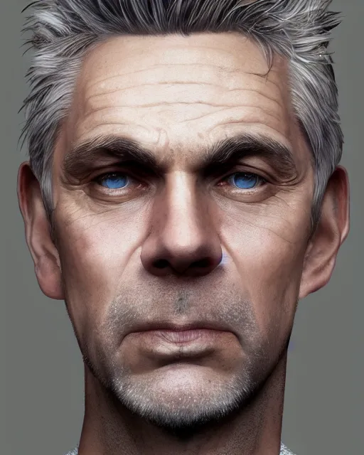 Prompt: portrait of 4 0 - year - old man, with a pale face with premature lines, and light brown hair going grey, wearing in shirt, hyper realistic face, beautiful eyes, character art, art by mark brooks, hyperdetailed, cryengine, trending on artstation, digital art