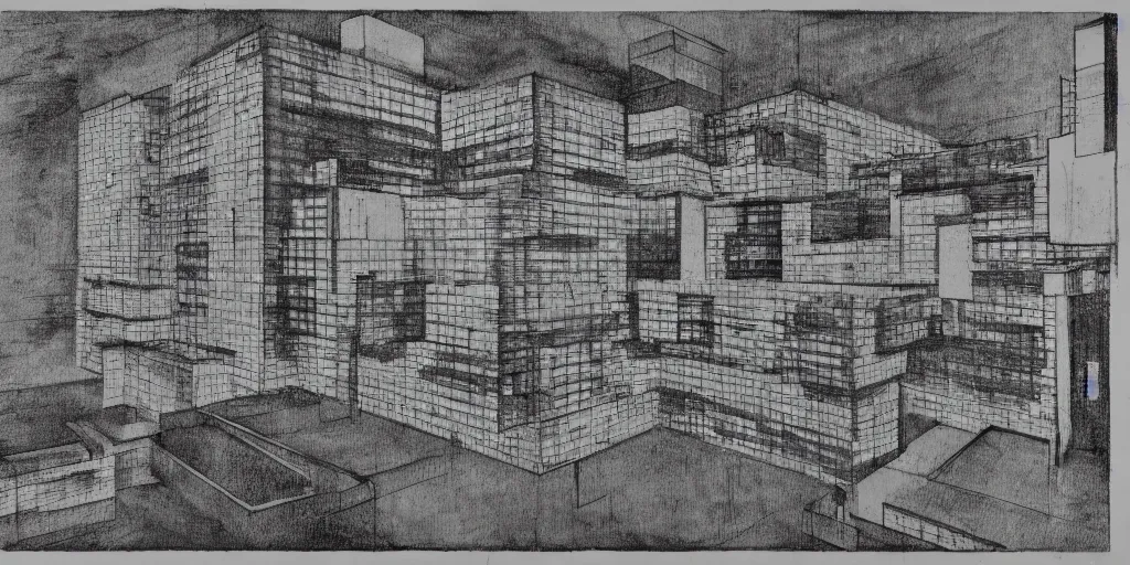 Image similar to brutalist building facing. yugoslavia, le corbusier, central symmetry, golden ratio, black and white color scheme, etching render