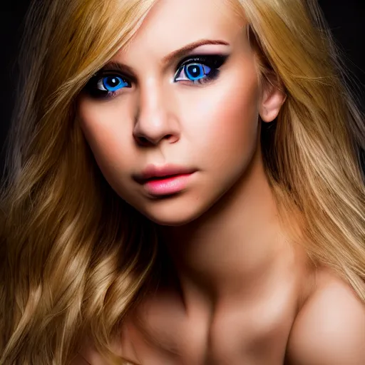 Image similar to portrait of a blonde girl with an intense gaze posing for a professional advertisement, photorealistic, sharp focus, highly detailed. photo taken with a canon eos 8 0 d iso 2 0 0