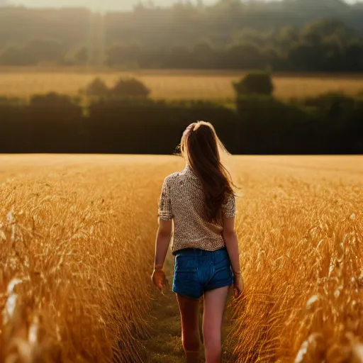 Image similar to a girl walking in a wheat field, sunlight, photography, realistic, high quality,