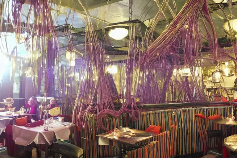 Image similar to magical restaurant serving tentacle-spaghetti to wizards