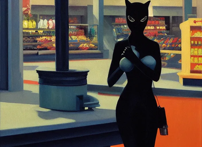 Image similar to !dream catwoman in line at a grocery store painting by Edward Hopper and James Gilleard, Zdzislaw Beksinski highly detailed