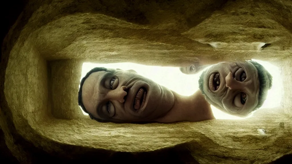 Image similar to the giant head inside the upside down house, film still from the movie directed by denis villeneuve and david cronenberg, with art direction by salvador dali, wide lens