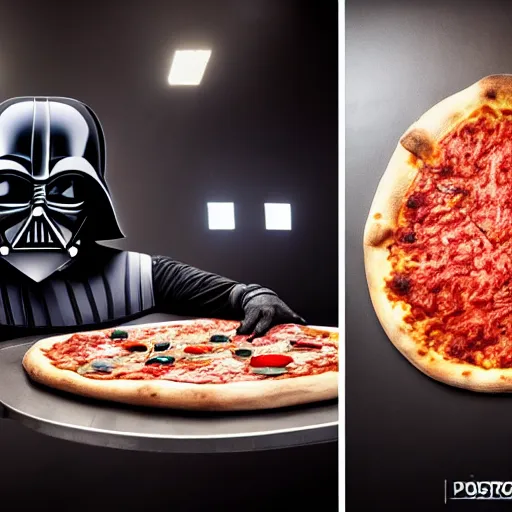 Image similar to trump making a pizza, modeling as darth vader in star wars, ( eos 5 ds r, iso 1 0 0, f / 8, 1 / 1 2 5, 8 4 mm, postprocessed, crisp face, facial features )