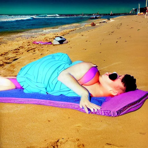 Prompt: pickles on the beach lounging, in the style of a vaporwave