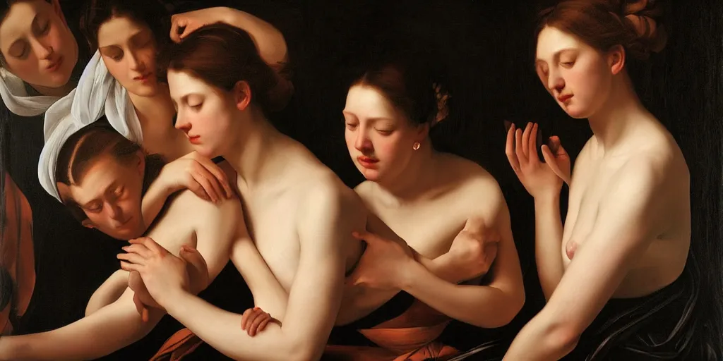 Prompt: beautiful oil matte portrait painting, multiple bodies intertwined, wonderful masterpiece highly detailed, beautiful cinematic light deep focus, elegant, digital painting, smooth, sharp focus, golden ratio, dramatic illumination, ultra realistic, 8 k, art by artemisia lomi gentileschi and caravaggio