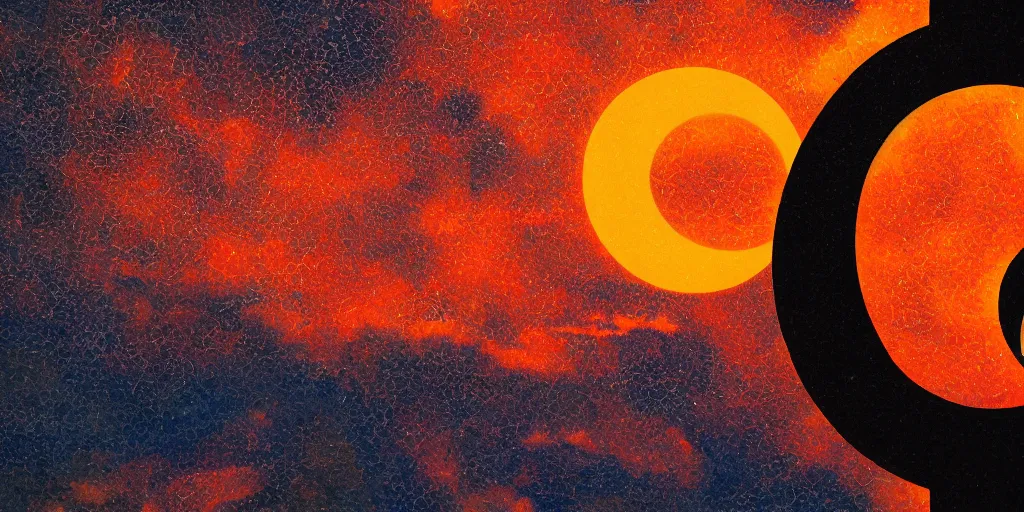 Image similar to a solar eclipse in the sky above ancient babylon, the city is on fire, silhouette of a single observer in the foreground, thick impasto paint, double exposure, Chromatic Aberration