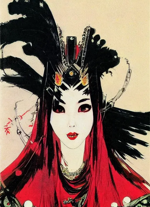 Image similar to female korean vampiress, jeweled headdress, heavy mascara, strong line, saturated color, beautiful! coherent! by frank frazetta, high contrast, minimalism