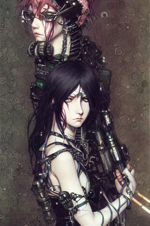 Image similar to portrait of beautiful young gothic maiden, cyberpunk, Warhammer, highly detailed, artstation, illustration, art by Gustav Klimt and Range Murata and Ilya Kuvshinov