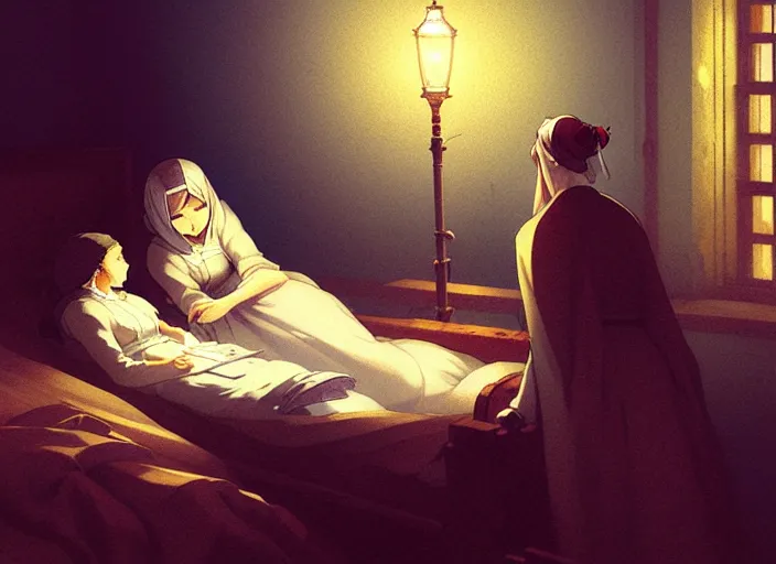 Prompt: 1 8 5 5 crimea, army hospital at night, florence nightingale holding lamp watching over sleeping patient, finely detailed perfect art, painted by greg rutkowski makoto shinkai takashi takeuchi studio ghibli