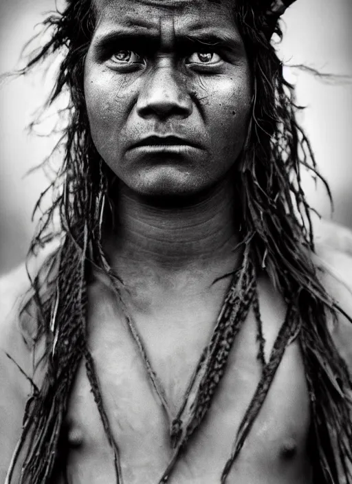 Image similar to Award winning Editorial photo of a Native Nauruans with incredible hair and beautiful hyper-detailed eyes wearing traditional garb by Lee Jeffries, 85mm ND 5, perfect lighting, gelatin silver process