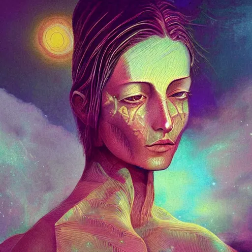 Image similar to beautiful detailed artistic portrait of a person travelling between different astral planes. reality is more interesting than you think. stripes if light. grainy and rough. fine detail. soft colour scheme. artistic detailed painting by lurid ( 2 0 2 2 ). featured on deviantart.