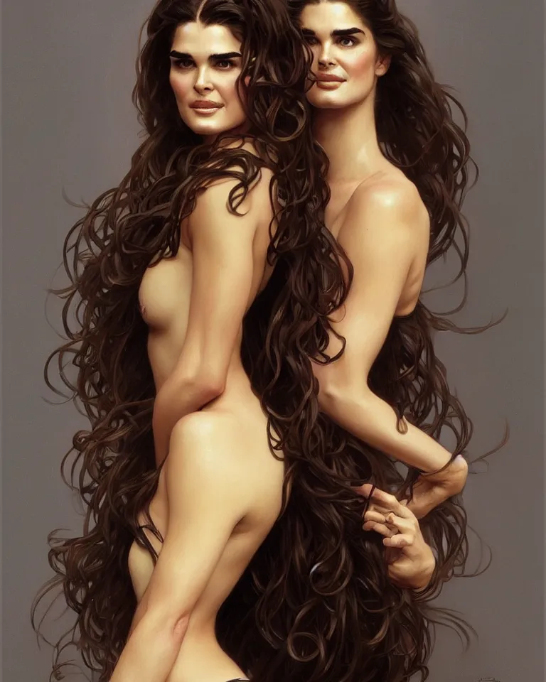 Image similar to portrait of a young brooke shields, upper half body, seductive eyes, long hair, joyful smirk, intricate, elegant, highly detailed, digital painting, artstation, concept art, matte, sharp focus, illustration, art by artgerm and greg rutkowski and alphonse mucha