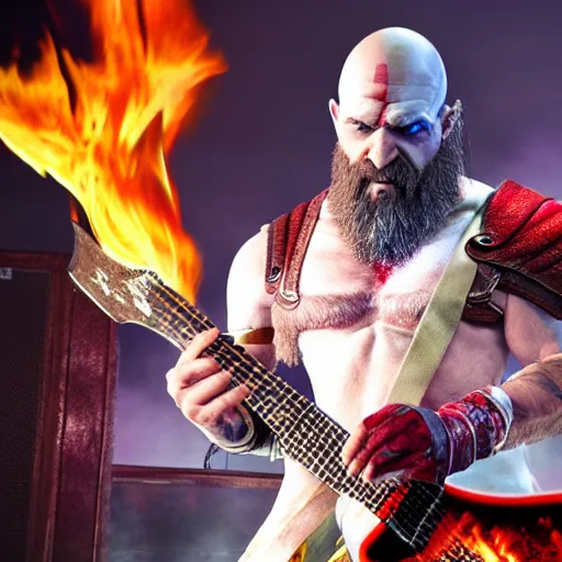 Image similar to kratos shredding on a flaming stratocaster guitar, cinematic render, god of war 2 0 1 8, santa monica studio official media, lightning, stripe over eye