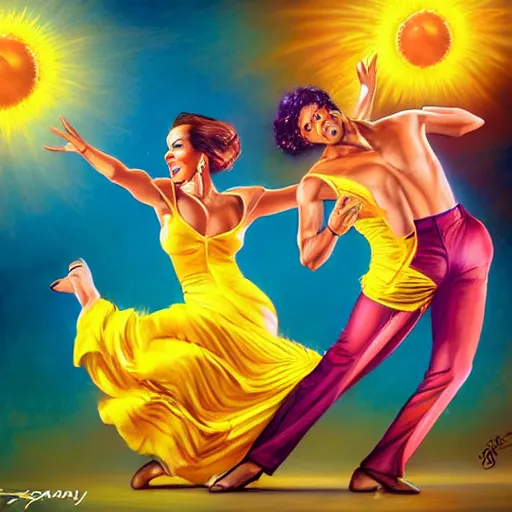 Image similar to semi realistic portrait of The sun is exploding while Latino Cubans Dancers Salsa Dancing by Stanley Artgerm Lau, sun exploding on the background, Gesture draw, Salsa Social Dance, couple, lady using yellow dress, guy using the purple fancy suit, Salsa tricks, explosive background, WLOP, Rossdraws, Gesture draw, James Jean, Andrei Riabovitchev, Marc Simonetti, and Sakimichan, trending on artstation