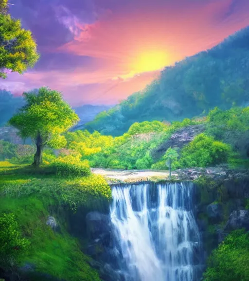 Image similar to featured on artstation cherry tree overlooking valley waterfall sunset beautiful image stylized digital art