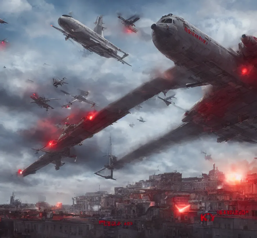 Prompt: red alert troops in real life invading city and kirov dirigible fly in sky, hd, hdr, ue 5, ue 6, unreal engine 5, cinematic 4 k wallpaper, 8 k, ultra detailed, by popular digital artist, beautiful image, resolution, artstation