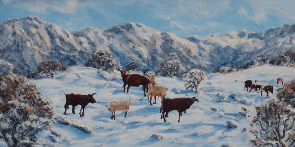 Prompt: winter painting of goats grazing in craggy highlands