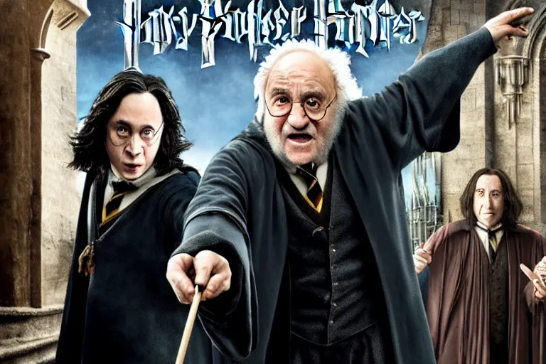 Image similar to Movie poster for Harry Potter with Danny DeVito as Albus Dumbledore and Keanu Reeves as Severus Snape