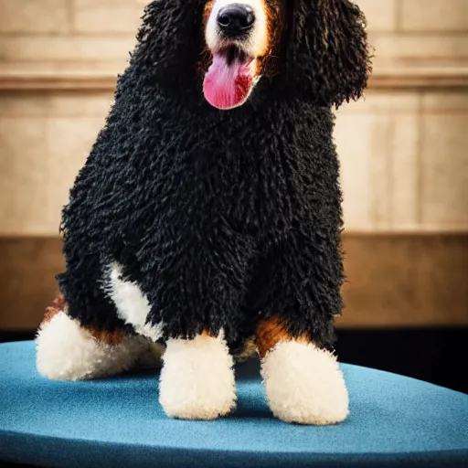 Image similar to a closeup photorealistic photograph of a cute smiling knitted bernedoodle judge dog dressed in a black gown, presiding over the courthouse. indoors, professional capture, well lit shot. this 4 k hd image is trending on artstation, featured on behance, well - rendered, extra crisp, features intricate detail, epic composition and the style of unreal engine.